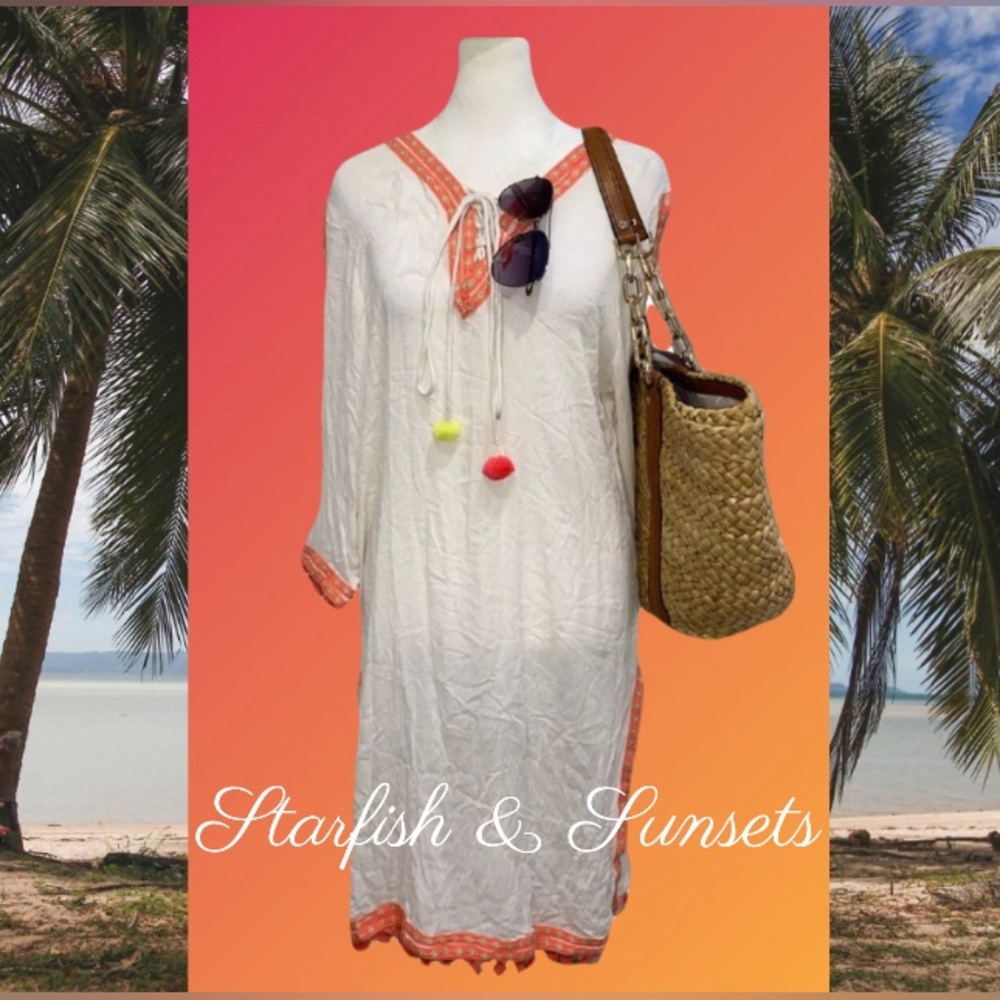 RAVIYA Ethnic Boho White Neon Pom Pom Trim Tie Front Cover Up Beachwear- Size M